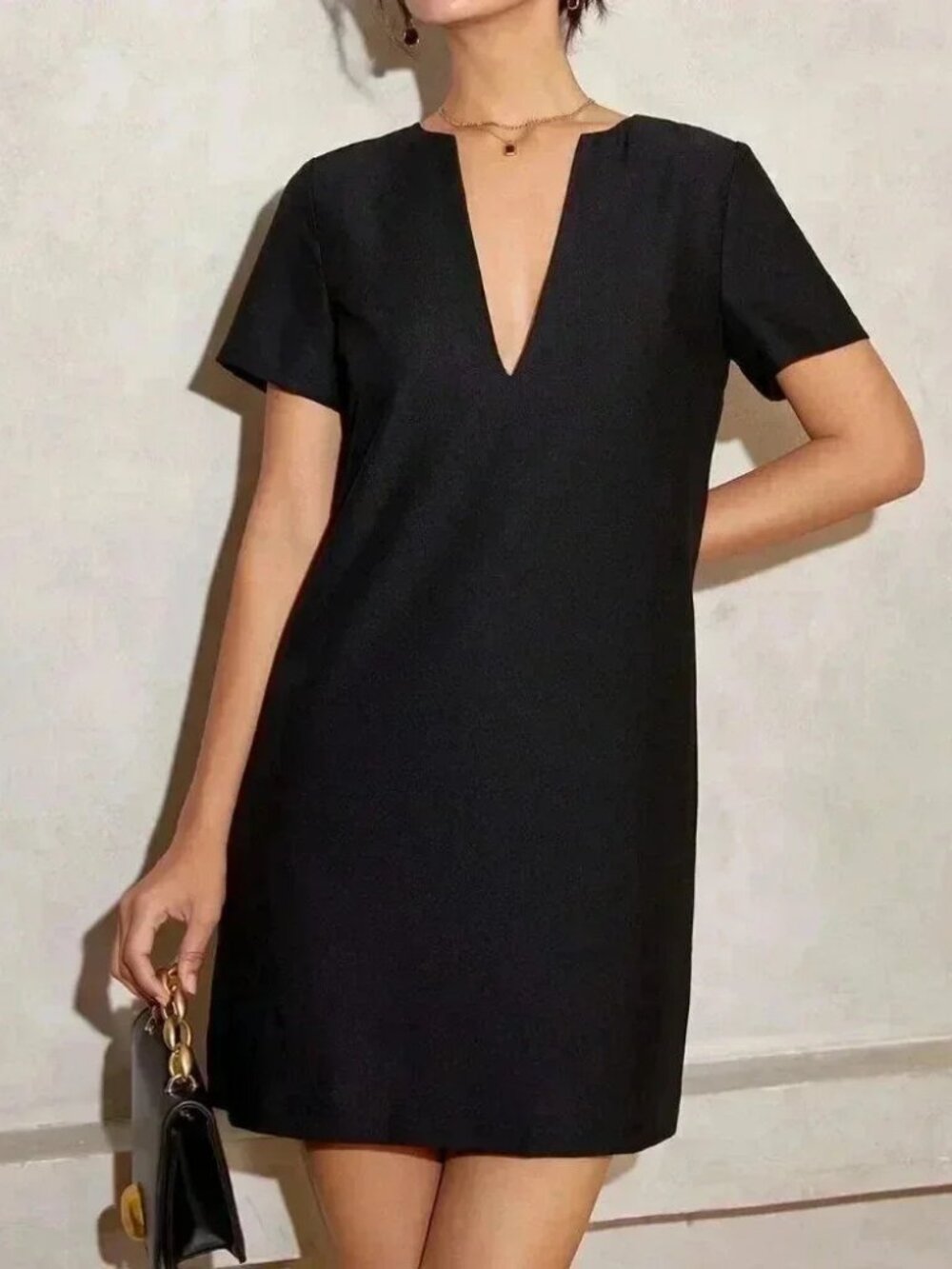 Black Casual Women's Solid Keyhole Back Notched Neckline Dress